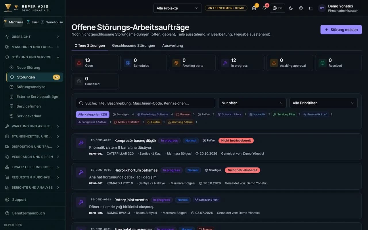 Störungsliste und Arbeitsauftrag in Reper Axis