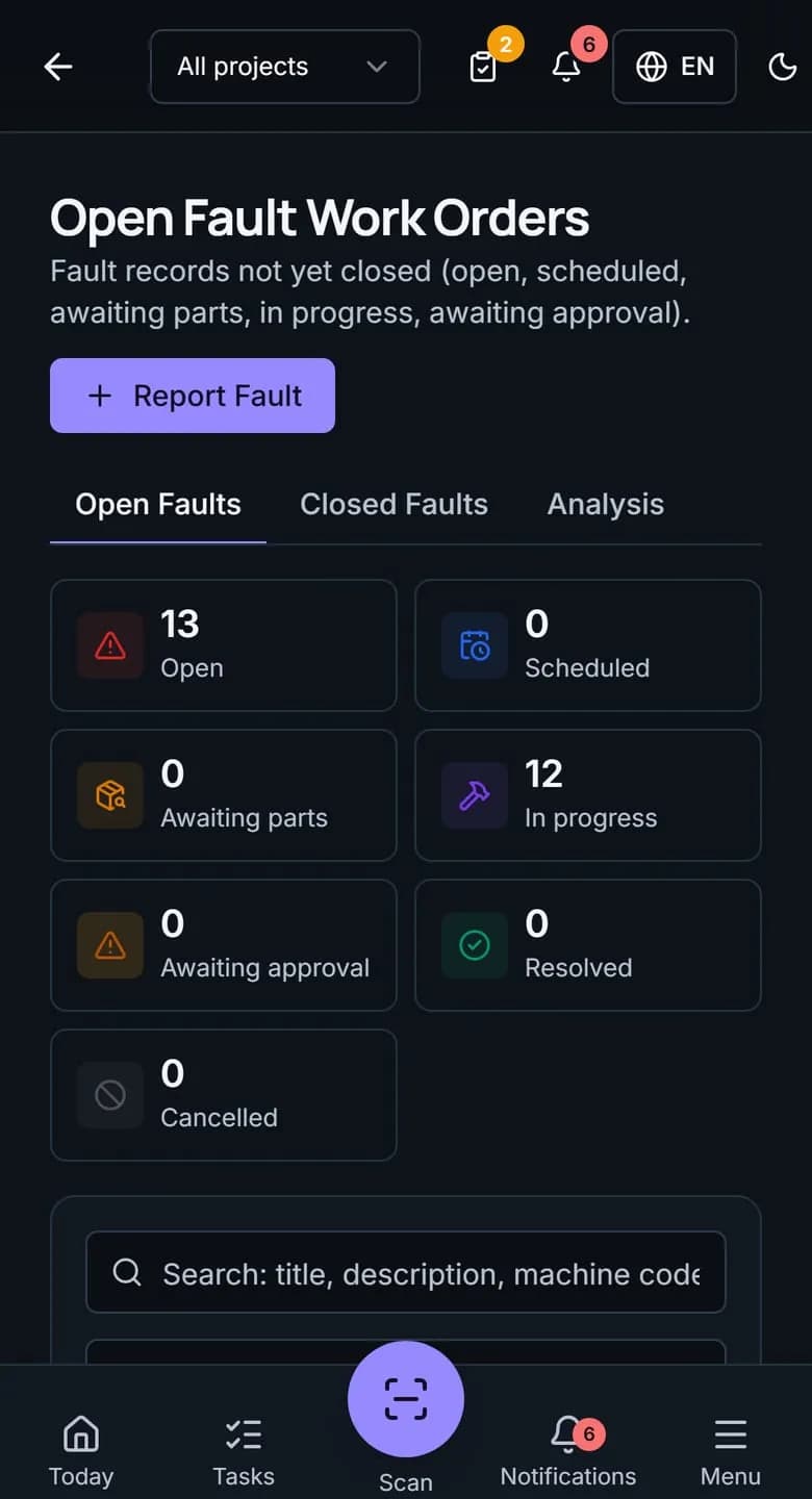 Fault list on a phone, with one record's title in the user's language and an automatically translated note below it
