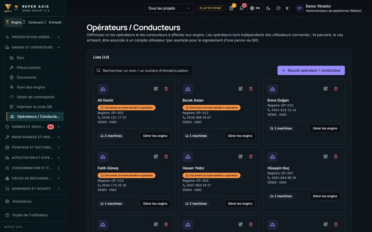 Suivi des documents opérateur : certificats, permis et rapports psychotechniques