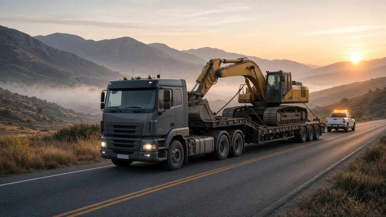 Lowbed üzerinde taşınan ekskavatör ve öncü araç