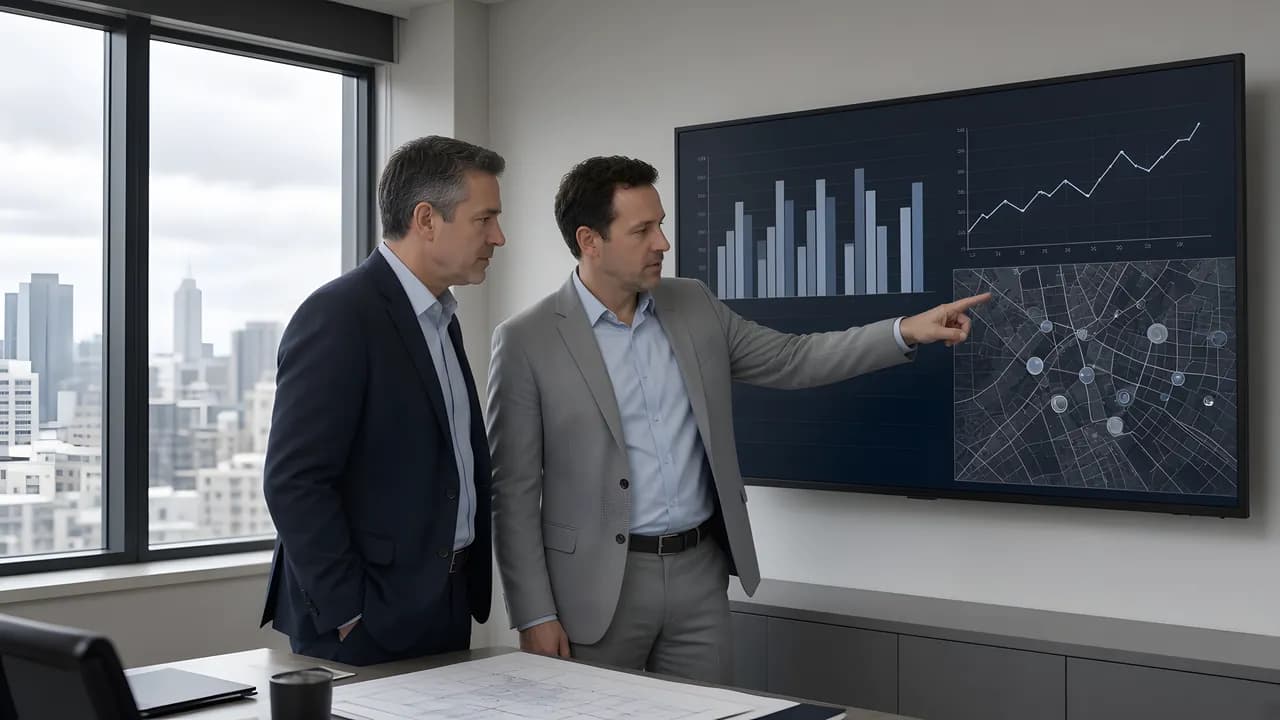 Tabletinden şantiye göstergelerini inceleyen proje yöneticisi