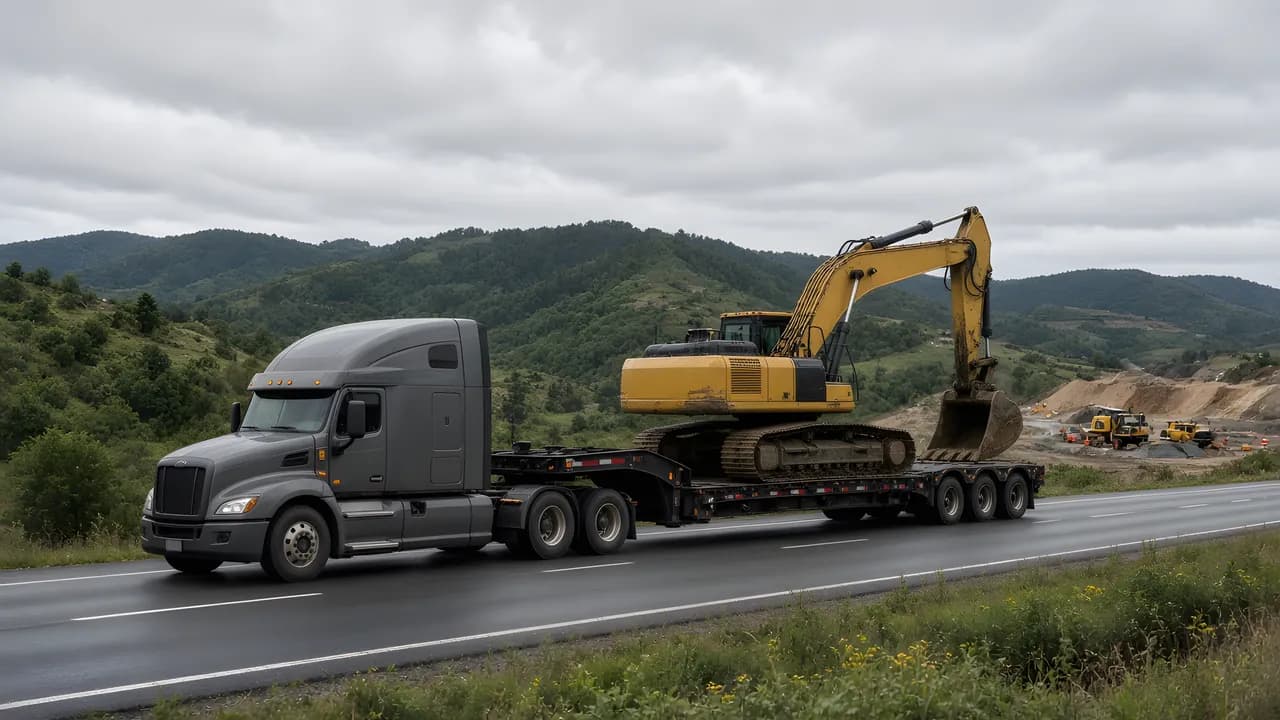 Lowbed dorse üzerinde şantiyeye taşınan ekskavatör
