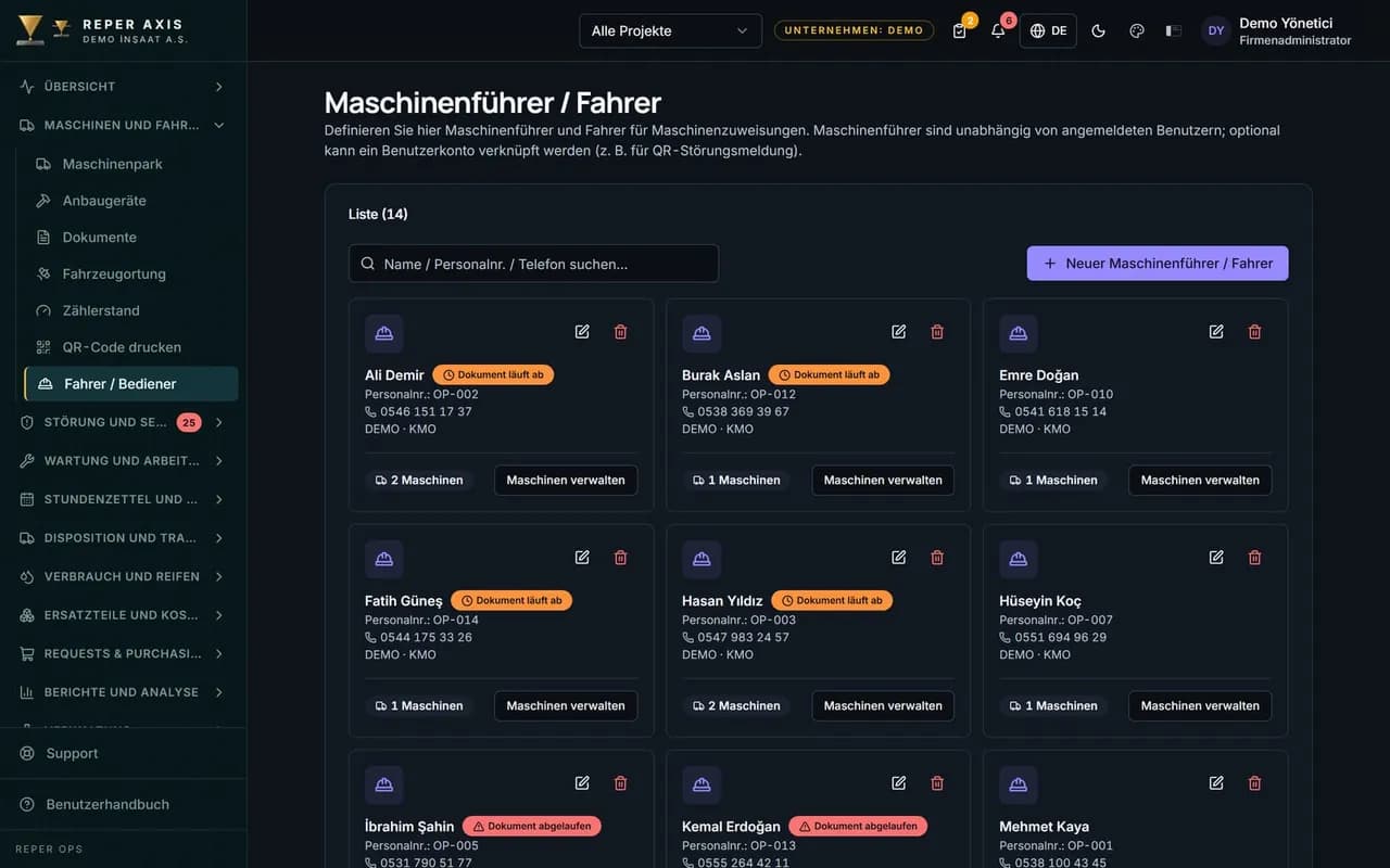 Verwaltung der Maschinenführer