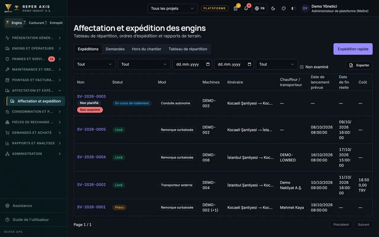 Affectation et expédition des engins