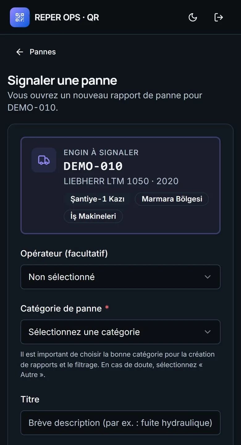 Le code QR sur l'engin constitue l'interface la plus rapide du terrain.