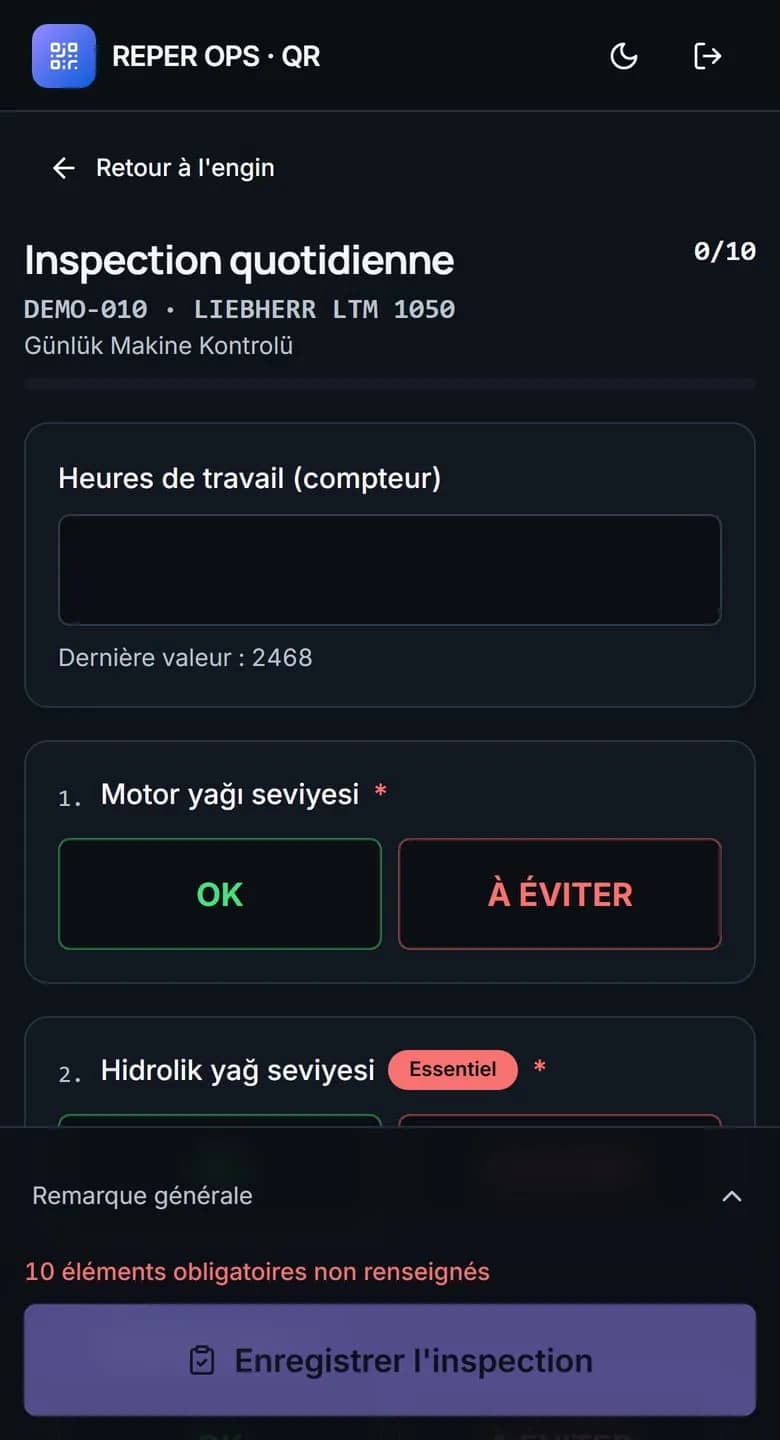 Le code QR sur l'engin constitue l'interface la plus rapide du terrain.
