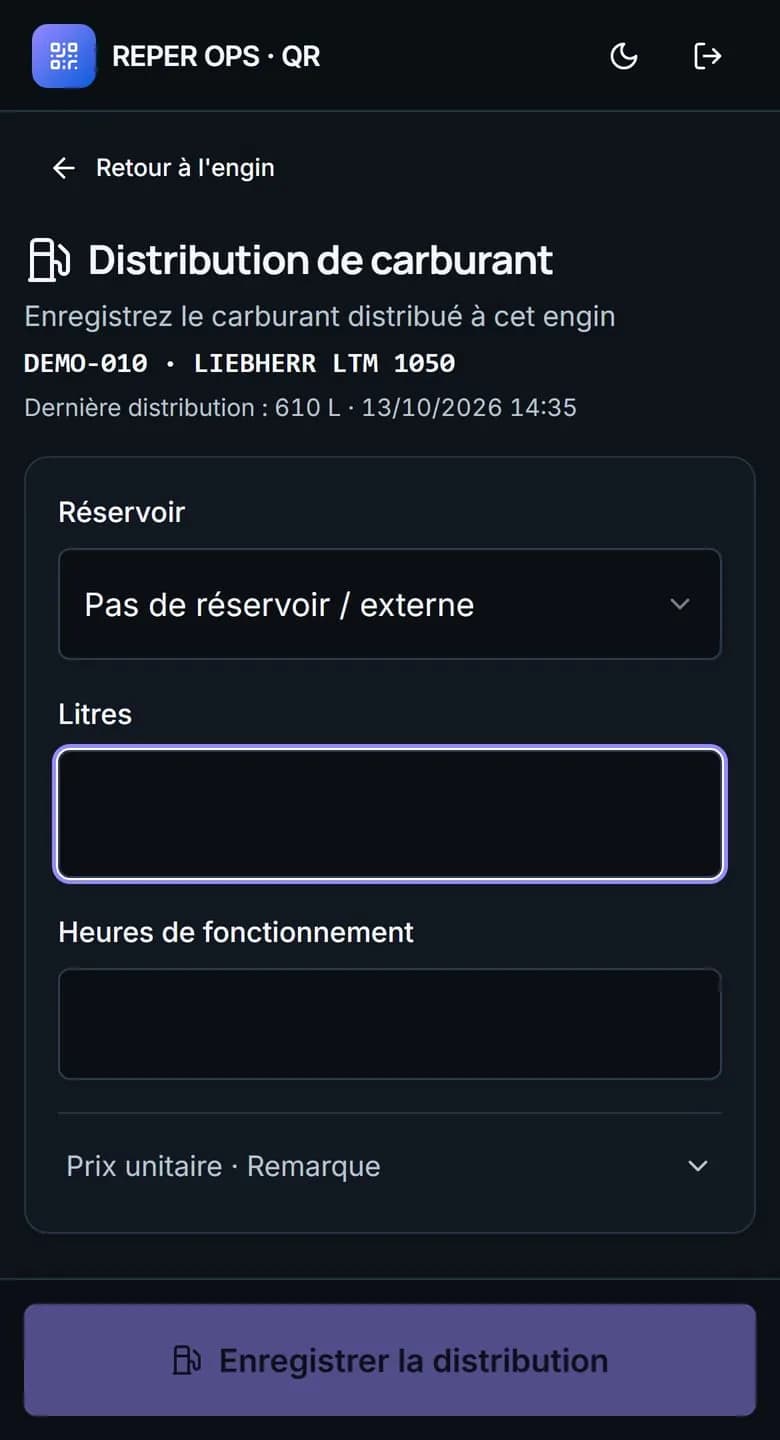 Le code QR sur l'engin constitue l'interface la plus rapide du terrain.