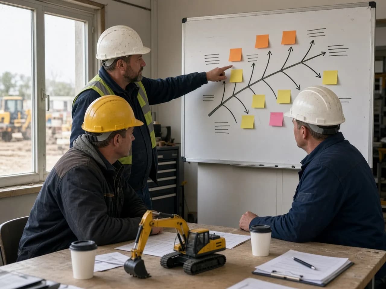 Maintenance team holding a root cause meeting in front of a fishbone diagram