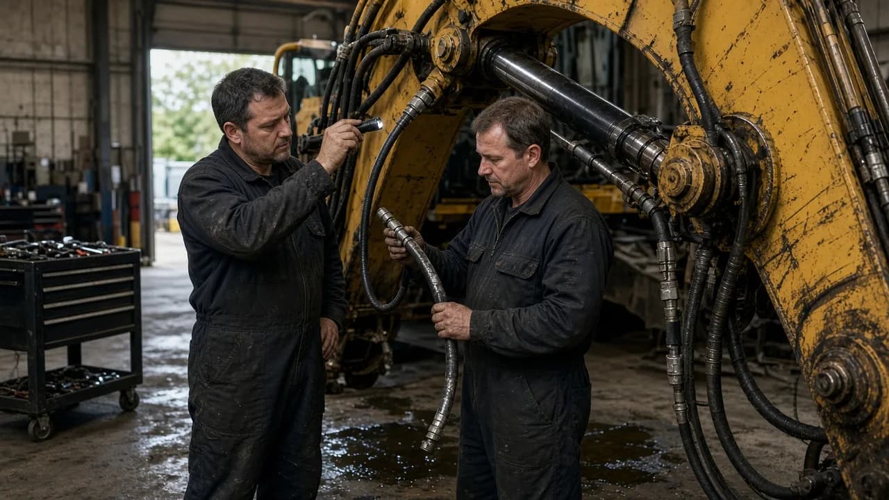 Two mechanics inspecting the hydraulic hose of an excavator in the workshop