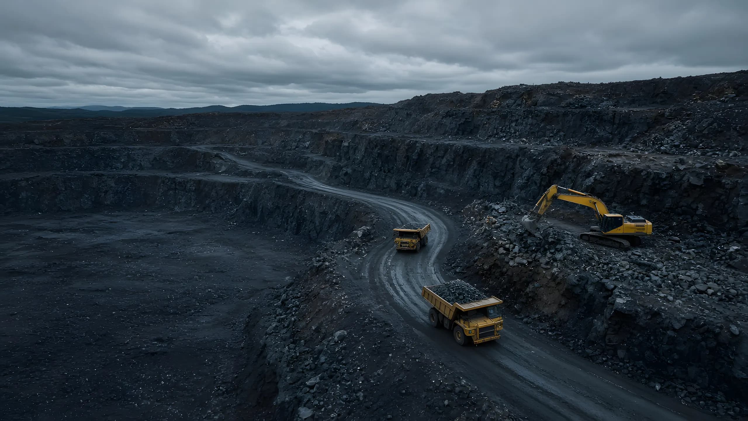 Pelle hydraulique chargeant des tombereaux dans une mine à ciel ouvert