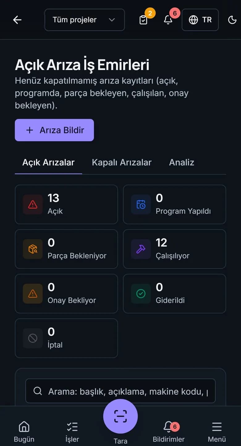 Telefonda arıza listesi; bir kaydın başlığı kullanıcının dilinde, altında otomatik çevrildi bilgisi