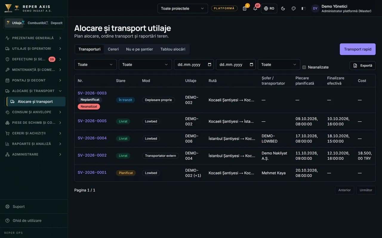 Alocarea și transportul utilajelor