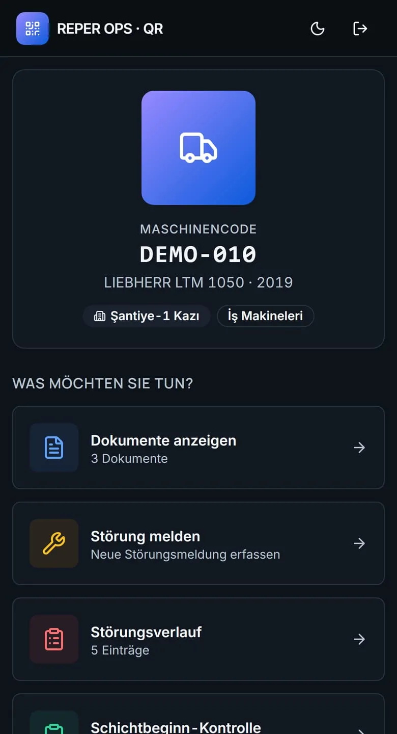 Reper Axis QR-Code-Ansicht: Maschinenkarte und Aktionen vor Ort